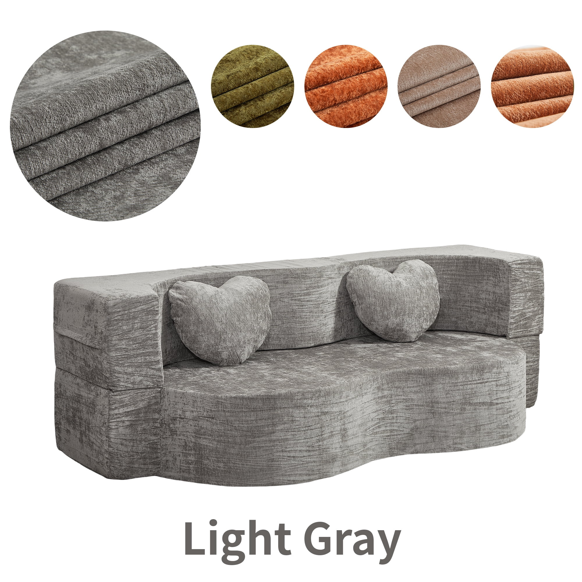 78.74"W Heart-Shaped Convertible Sofa,Floor Couch,Sleeper Sofa Bed,No Assembly High-Density Sponge Loveseat with 2 Heart Pillows for Living Room, Apartment,Silver Gray