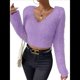 thumbnail image 2 of Suéter Corto de Larga con Cuello en V para Mujer, Informal, Liso, Ajustado, Cálido, de Punto Púrpura L, 2 of 8