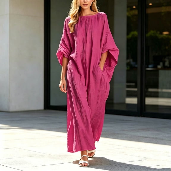 Uscallm Women Plus Size Maxi Dresses Long Sleeve Round Neck Loose Flowy Boho Casual Solid Party Dresses for Women, Red S