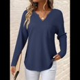 thumbnail image 4 of Blusas para Mujer, de Punto Gofre, de Larga, con Cuello en V y Muescas, Informales, Modernas, de Color Liso, Holgadas. Azul Oscuro L, 4 of 6