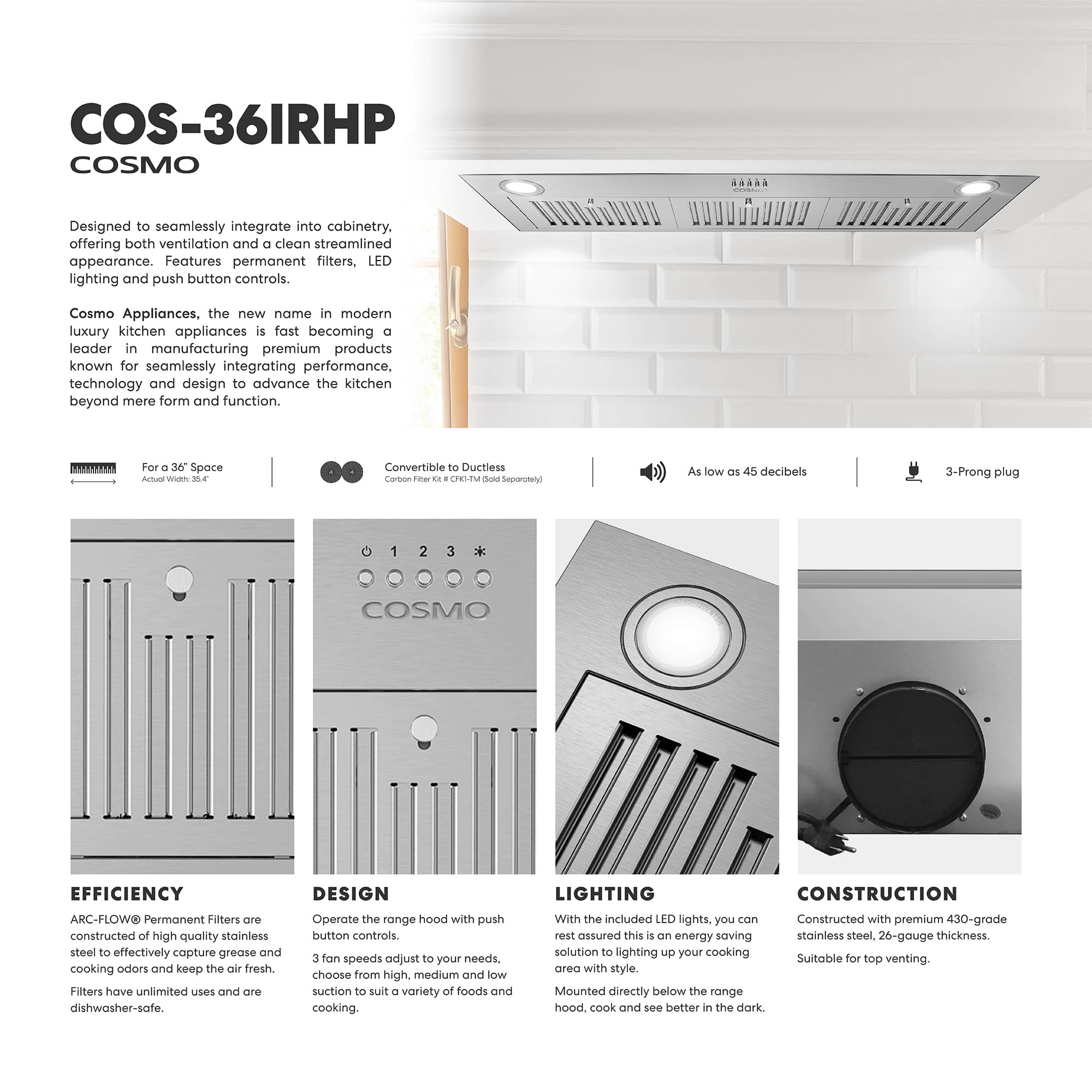 36 in. Lumin Collection Ducted Insert Range Hood in Stainless Steel