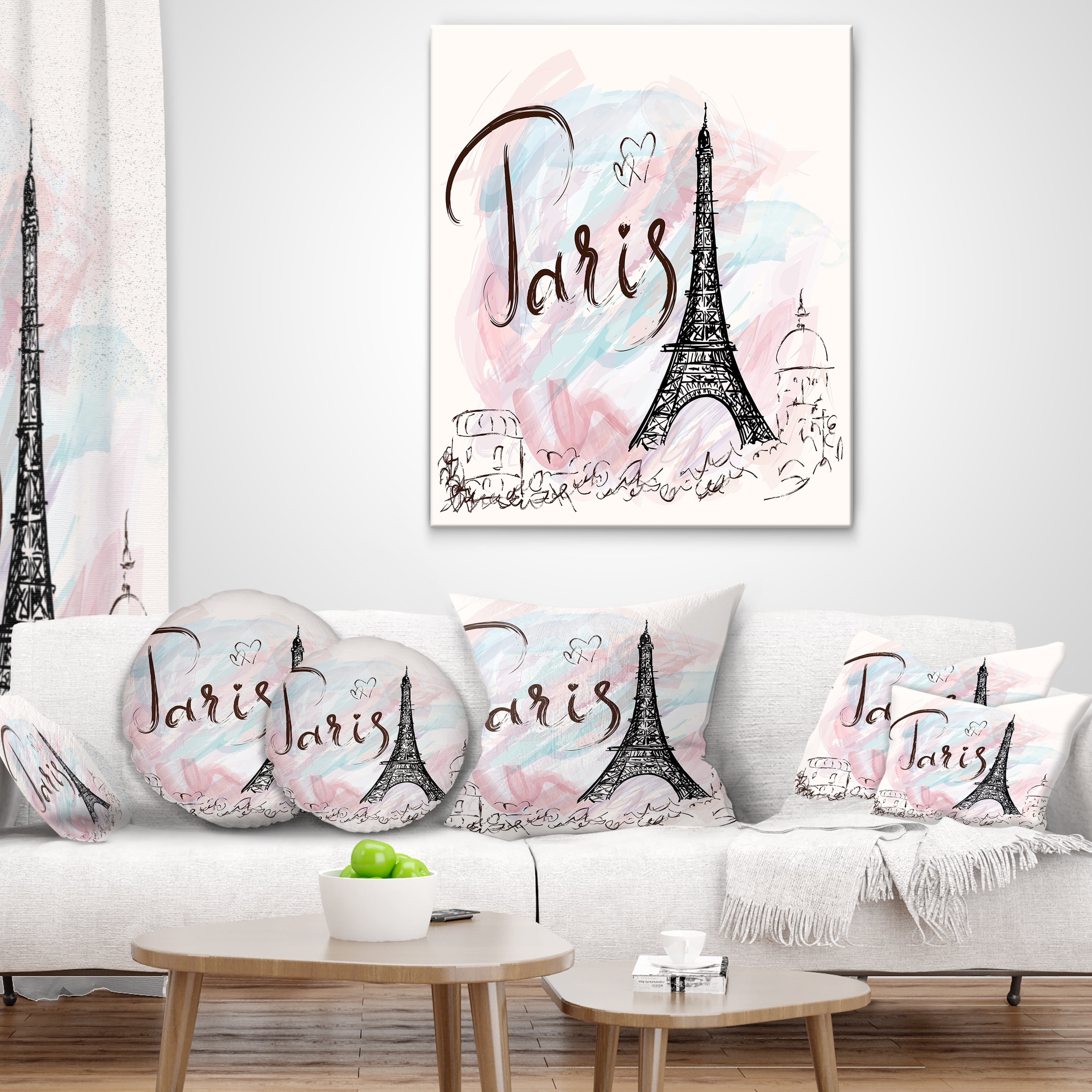 Designart Illustration with Paris Eiffel Tower - Abstract Cityscape Throw Pillow - 16x16