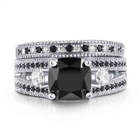 GY White Gold Plated Black 1.5CT CZ Women Wedding Ring Sets 2pcs Engagement Ring for Woman
