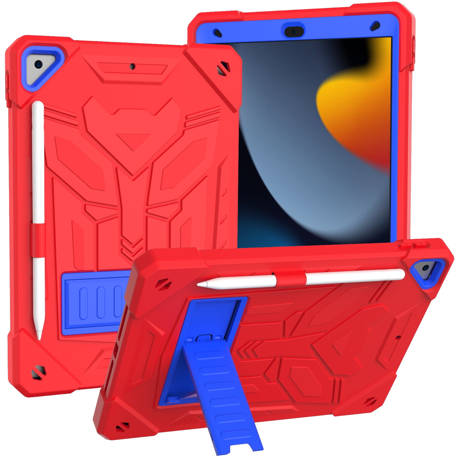 ELEHOLD Hybrid Rugged Case for iPad 9th/8th/7th Gen 10.2 2021/2020/2019, Heavy Duty Shockproof Case with Hidden Foldable Kickstand Adjustable Crossbody Shoulder Strap Pencil Holder,Red