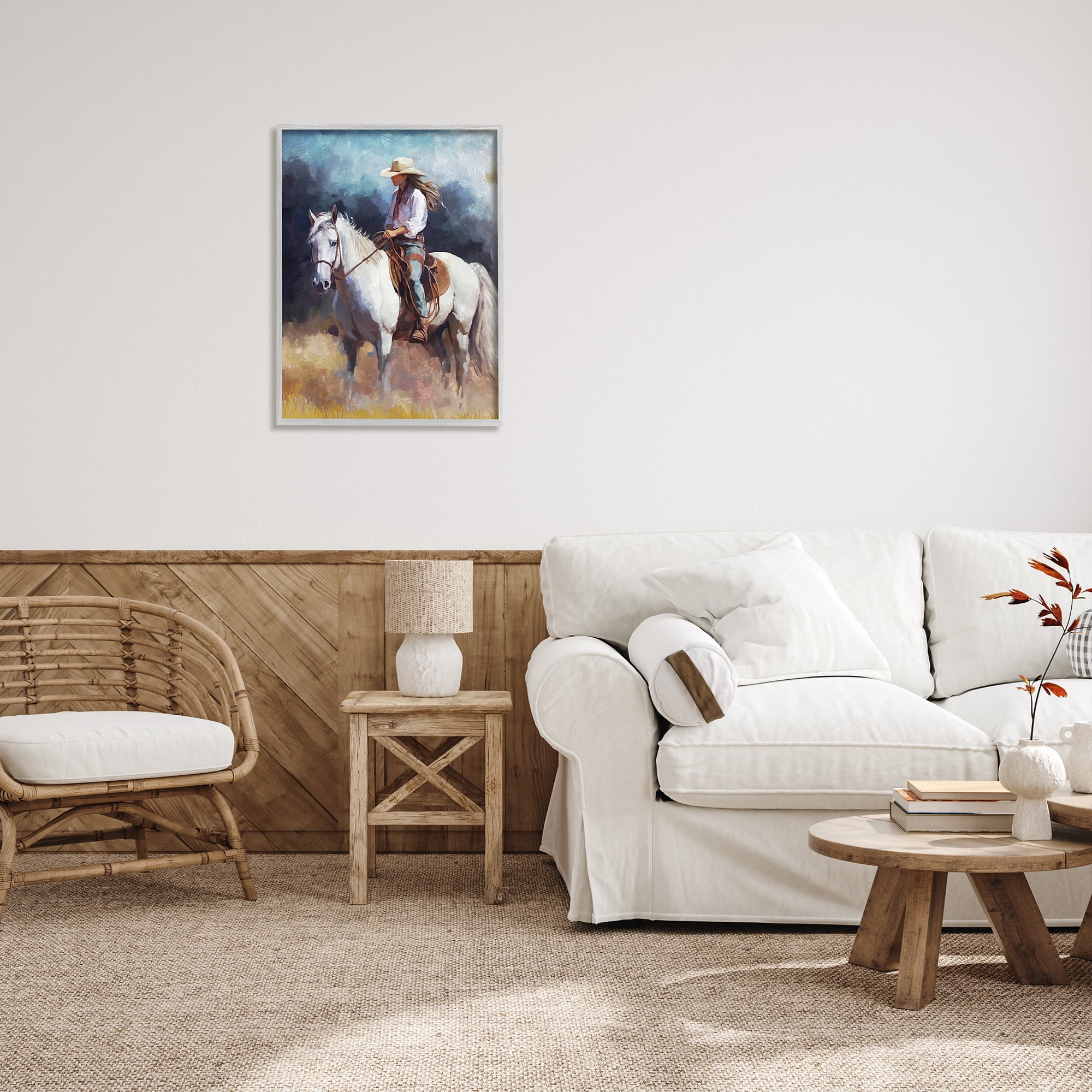 Stupell Industries Cowgirl on White Stallion Animals & Insects Painting Gray Framed Art Print Wall Art, 24 x 30