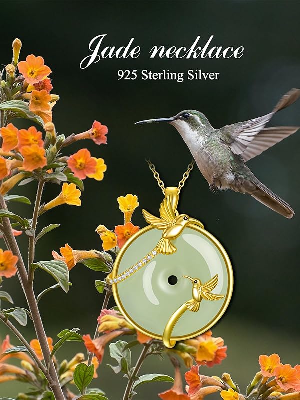 JKR Jade Necklace for Women Sterling Silver Round Cat/Hummingbird/Dragonfly/Butterfly/Bee Jade Jewelry Birthday Gifts Women Mom Wife Grandma