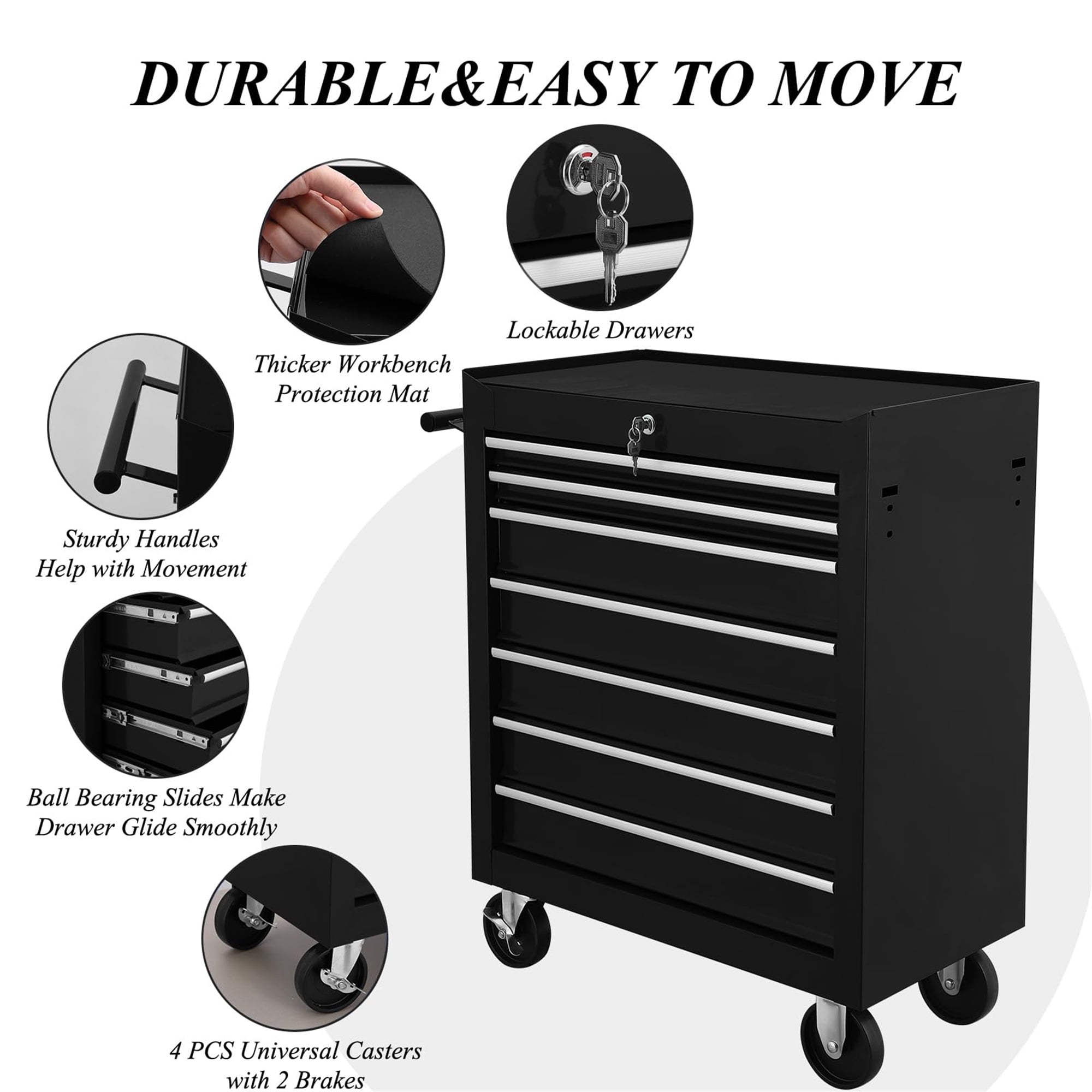 Aukfa Tool Chest, 24.5 in 7-Drawer Steel Rolling Tool Box on Wheels for Workshop Garage, Black