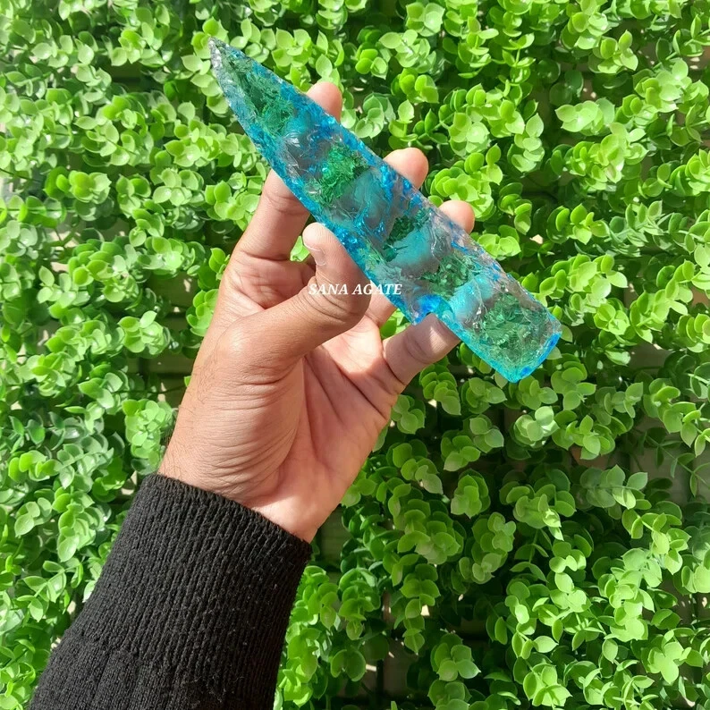 Aqua Obsidian Glass Hunting Knife Décor – Crystal Athame Display Dagger Ornament