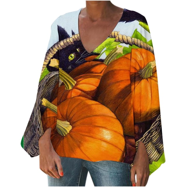 Mujer Otoño Invierno Casual Sexy Moda Camisa Halloween Impreso Manga Larga Puff Cuello V Jersey Top Fridja fjkfkj7728