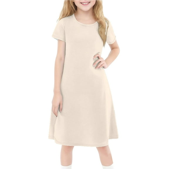 TQWQT Girls Dresses Size 10-12 Short Sleeve A Line Sundress Summer Cute Beige Dress Crew Neck Size 10-12 Skater Dress Trendy Kids Tween Girls Clothes Beige 100