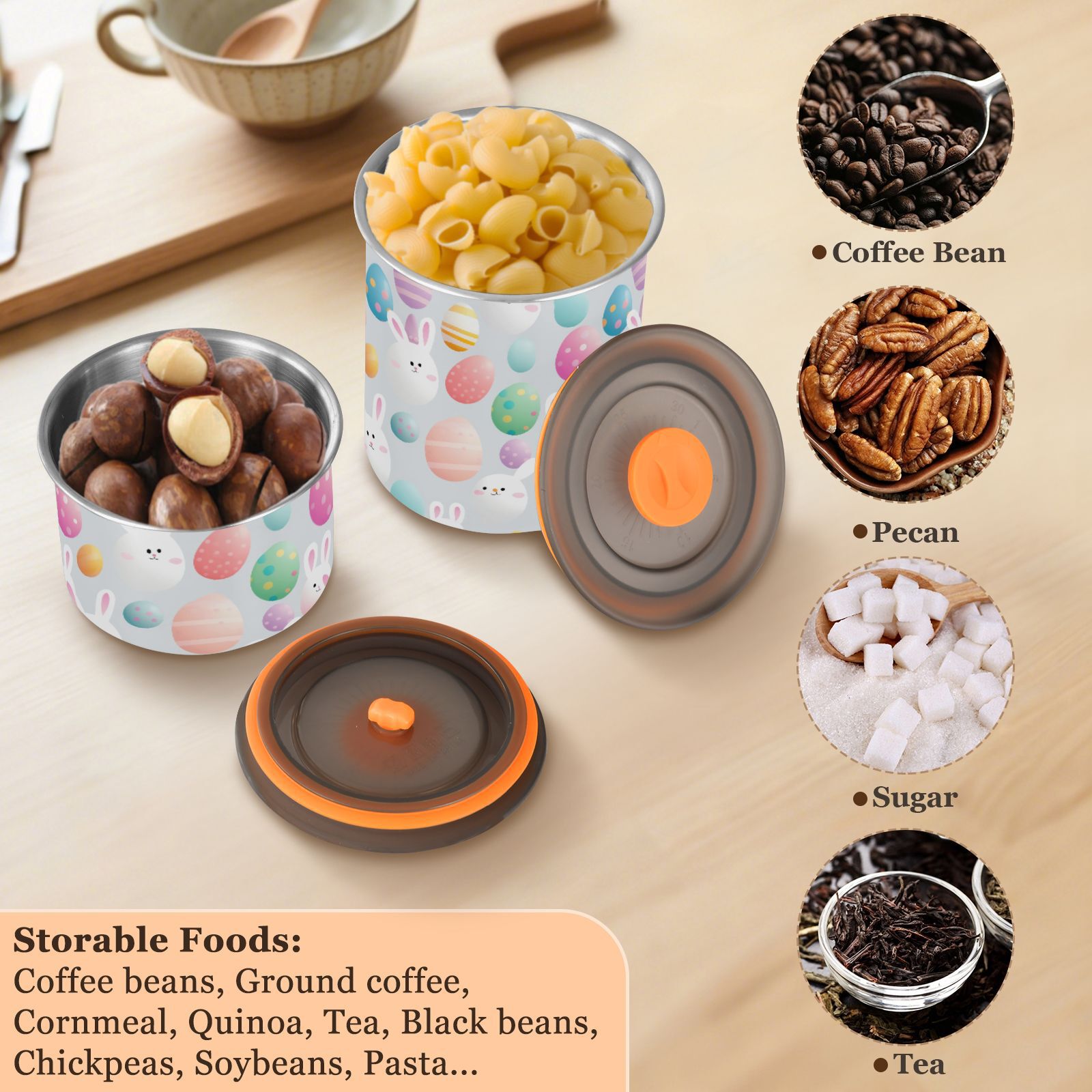 Cute Bunny Easter Eggs Airtight Coffee Bean Canister 30oz Food Storage Containers with Lids For Gournd, Tea, Sugar, Flour, Rice, Cereal, Candy Cookie Jar