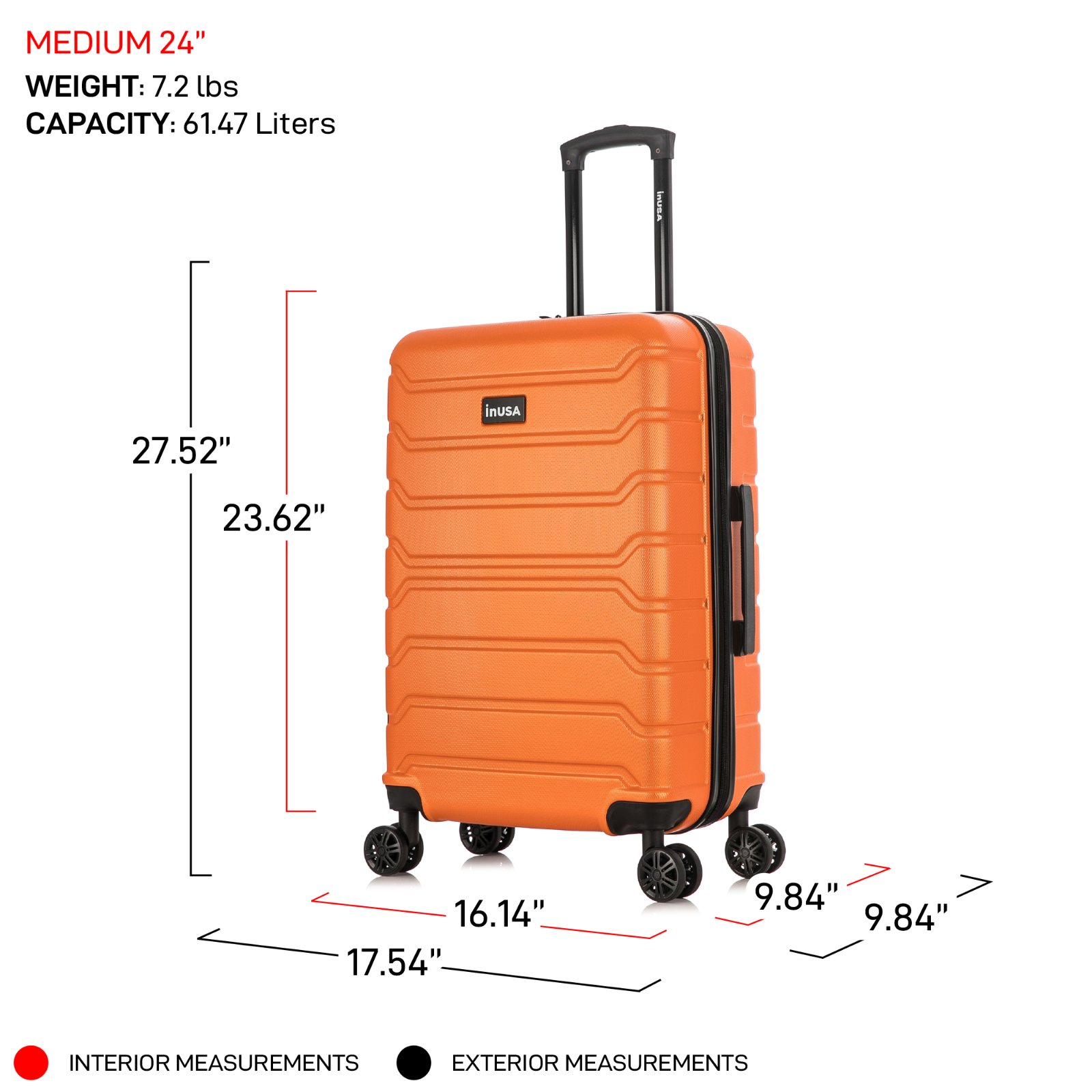 InUSA Trend 24" Hardside Lightweight Luggage with Spinner Wheels, Handle, and Trolley, Orange - image 5 of 12