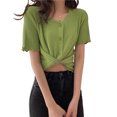 thumbnail image 3 of Camisa de mujer con botones, suéter de punto fino, camiseta informal de manga corta suave, verde Speravity AP001278-05B, 3 of 7