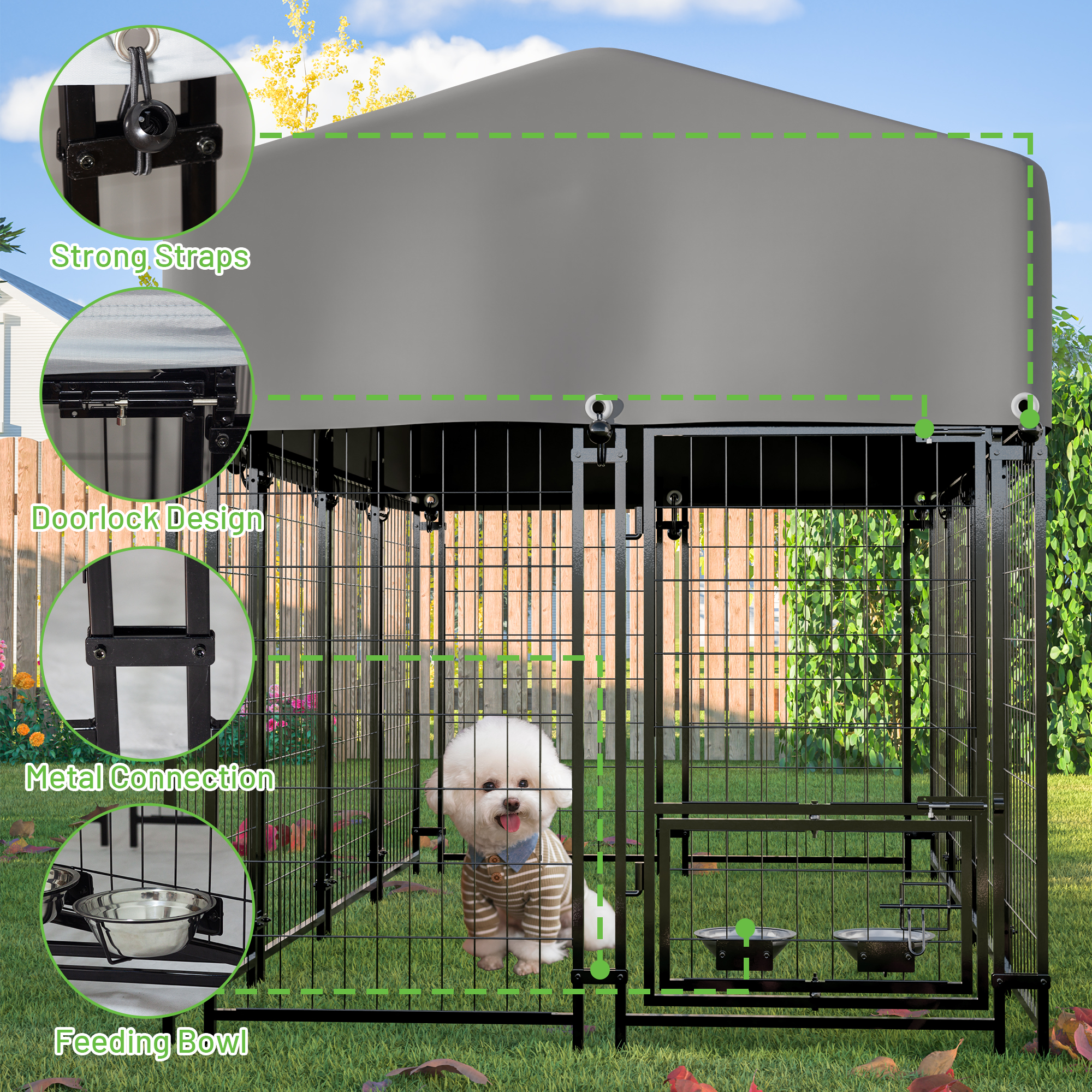 Outdoor Dog Kennel with Roof, 7.8'x3.8'x4.8' Welded Wire Dog Kennel Outside Run with 360° Rotating & 2 Bowls, for S&M&L Breeds, Chickens, Ducks