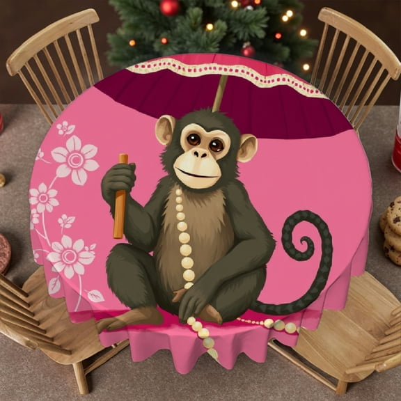 RKSupls Round Tablecloth - Cartoon Monkey Umbrella Microfiber Table Cover - Soft, Stain Resistant & Washable Decor for Wedding, Party, Holiday, Home Dining, 60x60inch