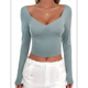 thumbnail image 3 of Camisetas de Larga con Cuello en V para Mujer, Top Corto con Doble Forro y Copas con Costura para Salir. Judías L, 3 of 10