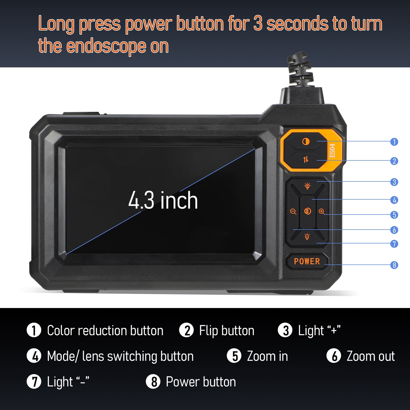 Endoscope Camera with Light, 4.3" Inspection Camera, 1920P HD Borescope with 8 LED Lights, IP67 Waterproof Snake Sewer Tools
