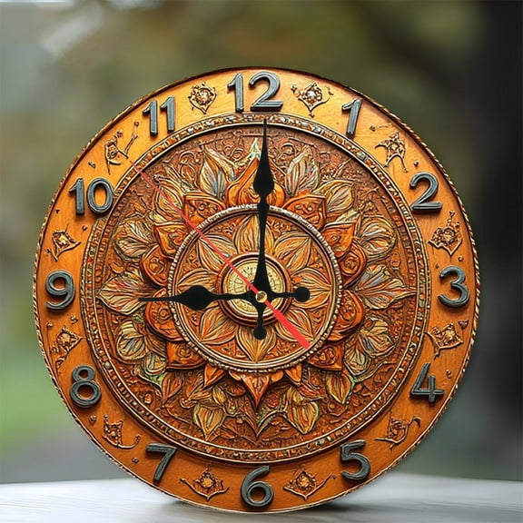 Hand Carved Wooden Wall Clock Orange Mandala Design 10-Inch Silent Wooden Wall Clock, Battery Operated (AA Batteries Not Included), Artistic Home Decor