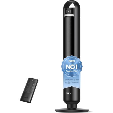 Dreo Tower Fan for Bedroom, 90° Oscillating Standing Fans for Room with 4 Speeds, 3 Modes, 28dB Quiet for Sleep, 25ft/s Velocity, 8H Timer, Remote, Living Room, Office, Home, Black, TF117