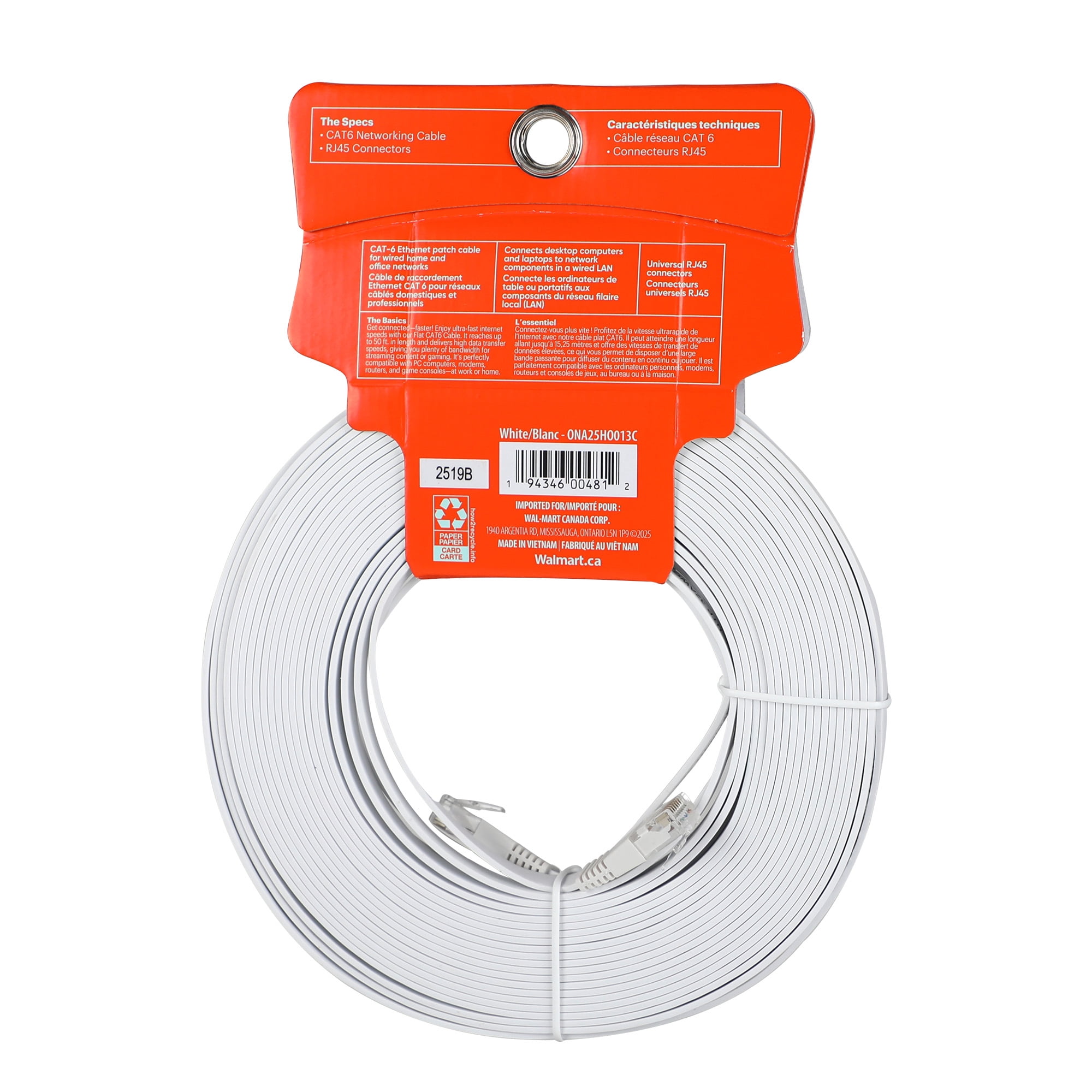 Onn. Câble réseau plat CAT6 de 15,25 m - Blanc Connecteurs universels RJ46