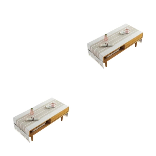 stanreset 1/2/3/5 Cotton Linen Tablecloth with Side Storage Pocket Rectangular TV Cabinet Mat Tea Desktop Fringe Waterproof Table Cloth for 60*160cm,Island/Beige coffee 2PCS