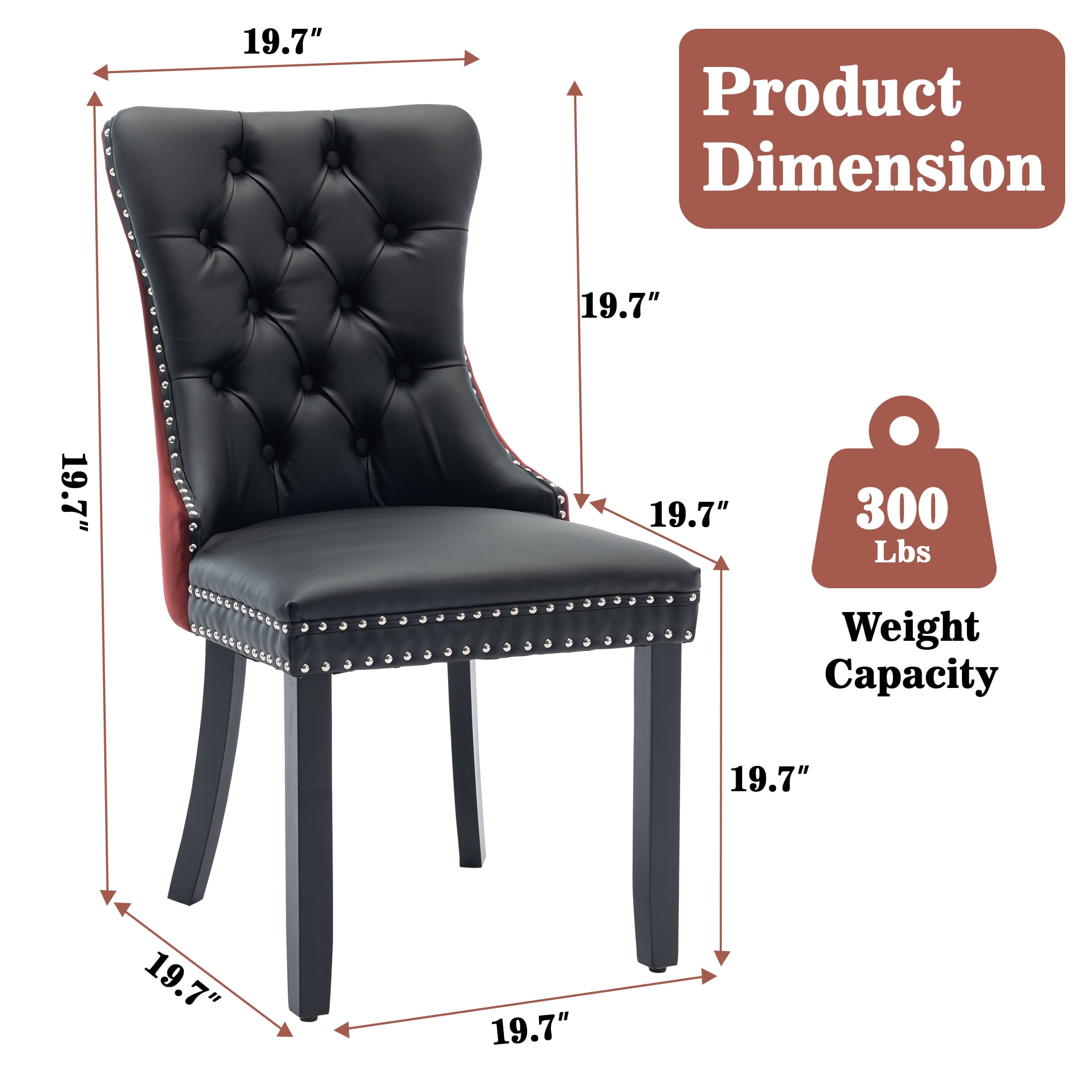 PORKISS Dining Chairs Set of 2, Modern Wood and PU Dining Room Chair with Back Ring and Nailhead Trim, Upholstered Tufted Velvet Chair with Wood Legs for Kitchen, Black/Wine Red