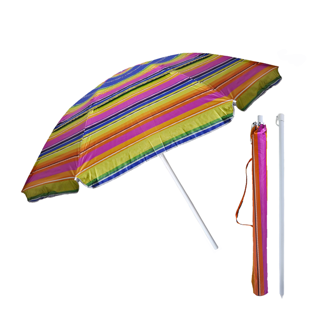 sombrilla de playa rm regalomex 50' con rompevientos y altura ajustable naranja grande, vista 3/4 desplegada; toldo de poliéster naranja con franjas multicolor y borde reforzado, poste metálico blanco, funda y estaca incluidas; cobertura 210 cm, altura 127–250 cm, sistema rompevientos visible; también suele usarse para sombra en picnics y áreas de descanso al aire libre.