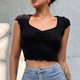 thumbnail image 2 of Top de manga corta con cuello en V, camisa corta ajustada con busto fruncido de Color puro a la moda para mujer para trabajo de oficina, 2 of 7
