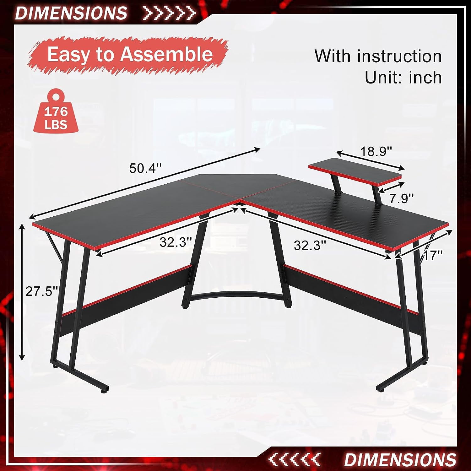 Dkelincs L Shaped Gaming Desk 50.4 inch Corner Computer Desk Table with Removable Shelf for home Office, Black