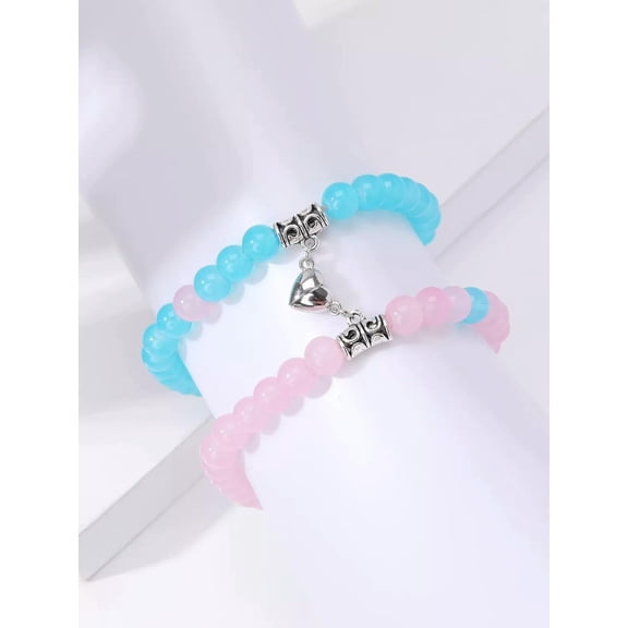 QQTDFG 2pcs Blue and Pink Natural Stone Heart-shaped Set For Couples Beaded Bracelet-default