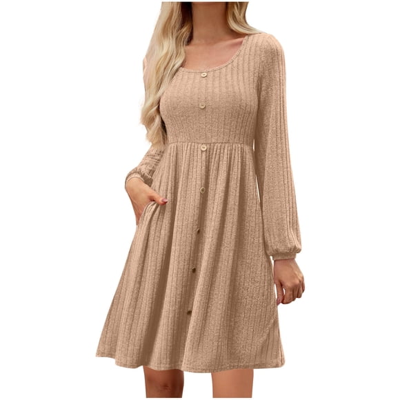 Lenpel Fall Dresses for Women Lantern Long Sleeve Scoop Neck Button Front Ribbed Knit Knee Length Dresses Casual Sweater Dresses(Beige,Medium)
