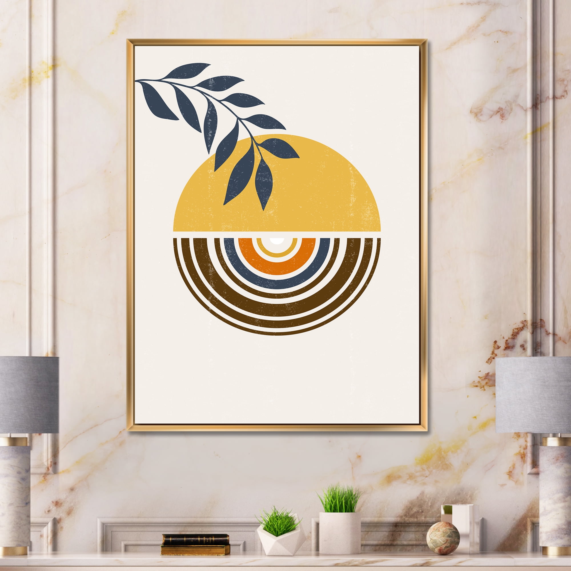 Designart 'Abstract Sun and Moon Leaves ' Modern Framed Canvas Wall Art Print