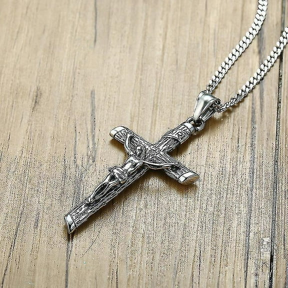 Crucifix Cross Charms Necklace Pendant Stainless Steel Punk Jewelry For Men Male Jesus Rosary Christening Gift