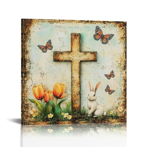 Vintage Easter Bunny Cross Print Wall Art, Easter Cross Rabbit Picture Posters Wrapped Canvas Wall Decor Artwork Painting for Bedroom, Living Room,Bathroom, Office Classic Home Decor Easter Gifts