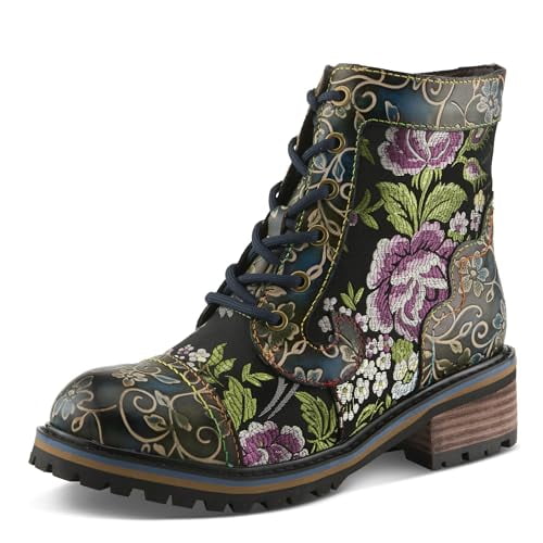 Spring Step L'Artiste Fantastic Booties for Women - Floral Hand Painted Womens Ankle Boots Low Heel - Everyday Wear Leather and Textile Western Booties