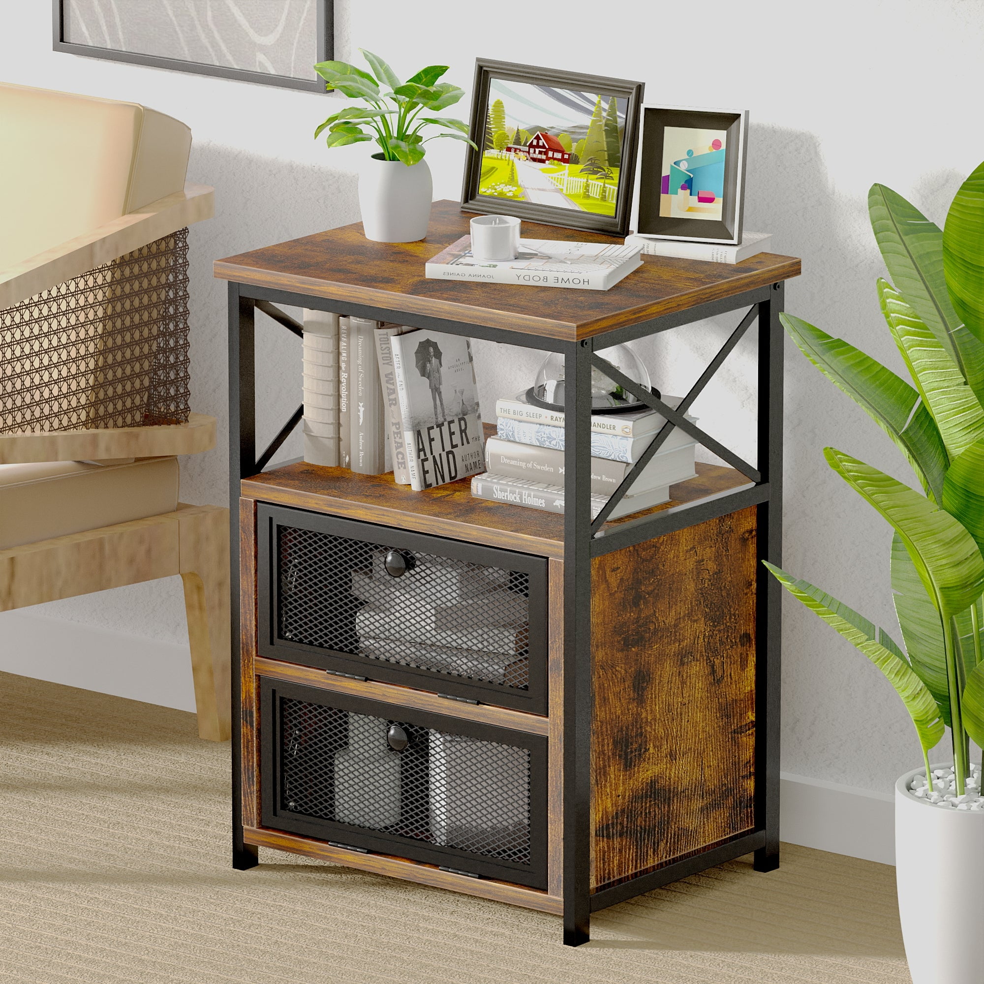 VECELO Set of 2 Nightstands with Flip Doors, Side End Table for Bedroom/Living Room/Office, Brown