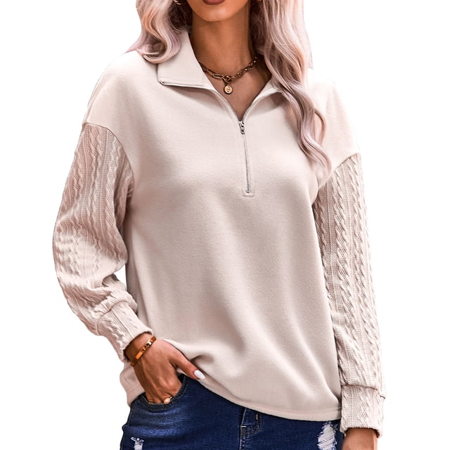 Blusa con cremallera para mujer Cuello en V Empalme simple Manga larga Hombro caído Sudadera con cremallera para mujer Albaricoque S