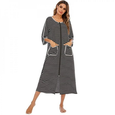 

SweetCandy Autumn Winter Women Nightgowns Comfortable Loose Seven-point Sleeve Striped Sleeping Dress with Pockets Sleepwear Sleepshirt Nightshirts Pajamas Pjs