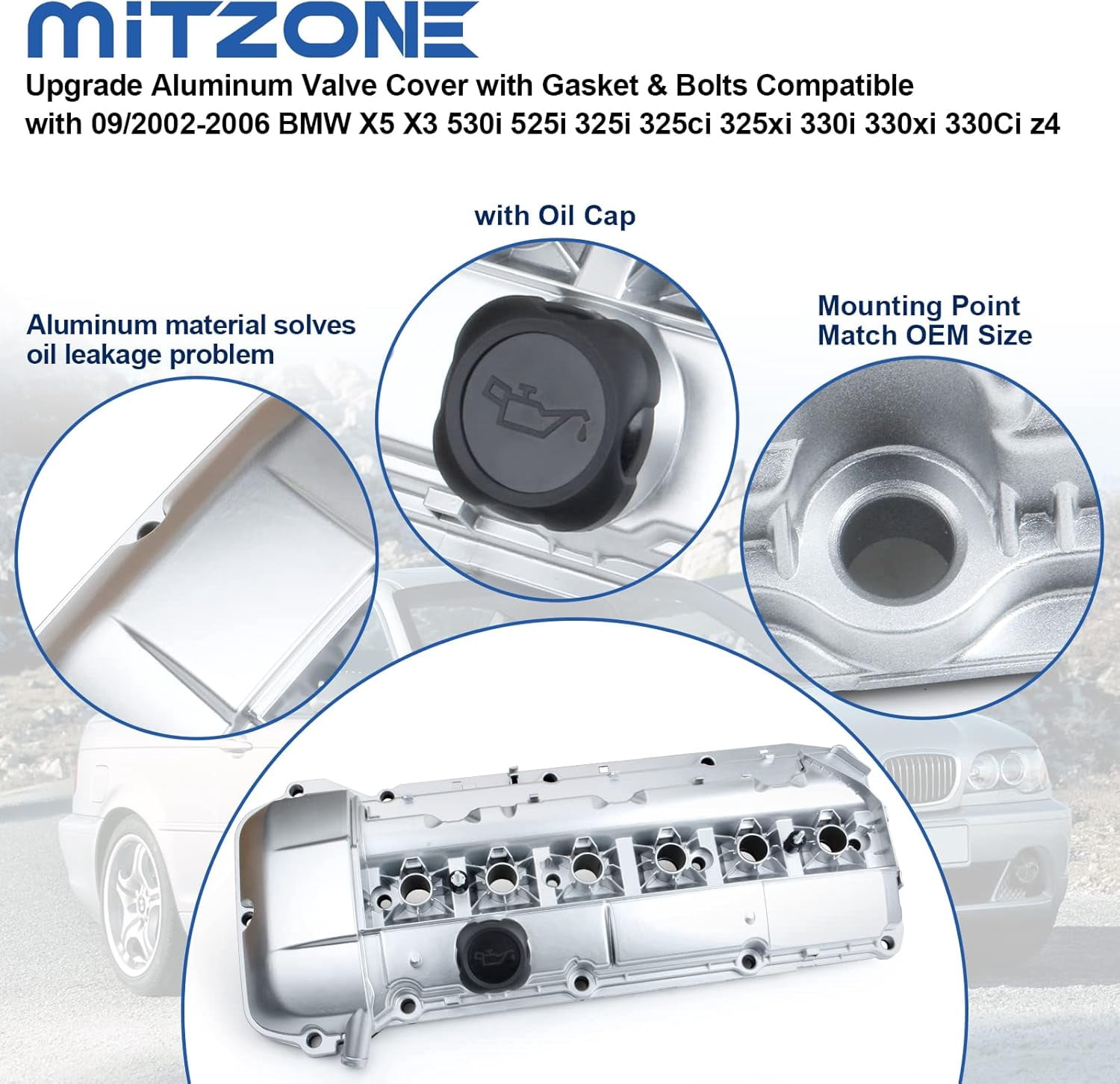 MITZONE Upgrade Aluminum Valve Cover kit Compatible with 2002-2006 BMW X5 X3 530i 525i 325i 325ci 325xi 330i 330xi 330Ci z4 Replace 11127512839