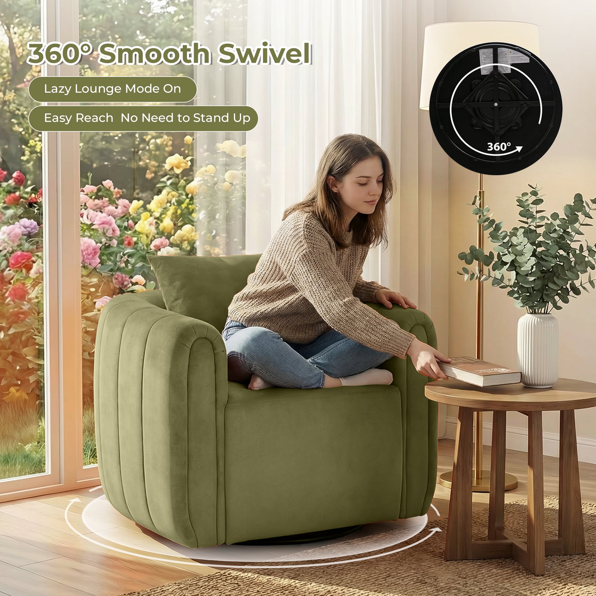 Ebello  Swivel Accent Chair, Modern Velvet Living Room Chair with Pillow, Barrel Chair for Bedroom & Reading Corner (Green，1 Pack，Fully Assembled )