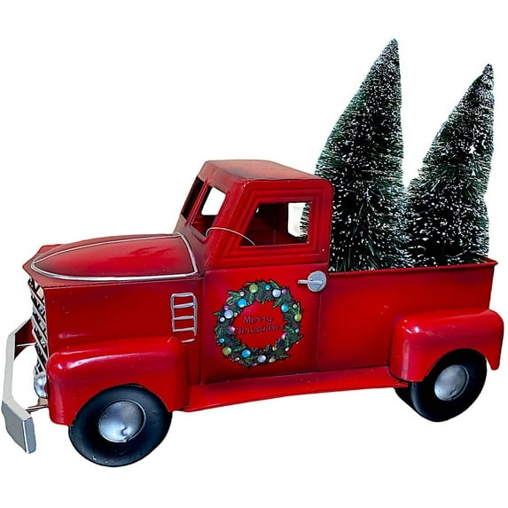 STC World Merry Christmas Red Vintage Truck W Christmas Trees Holiday New Year Decoration Indoor Red Truck 16" x 10"
