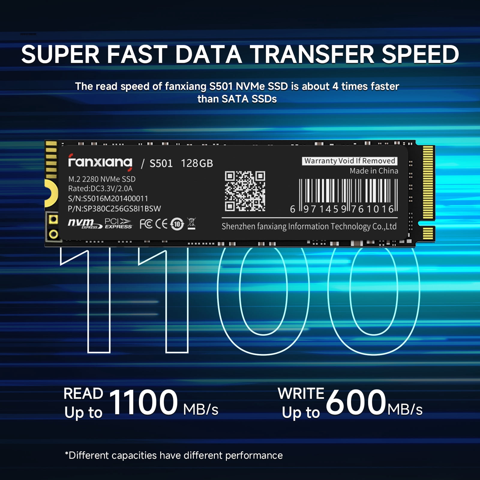 Fanxiang S501 128GB M.2 2280 PCIe Gen3 x4 NVMe SSD, 3D NAND Internal Solid State Drive Up to 1100MB/s for Laptop Desktop