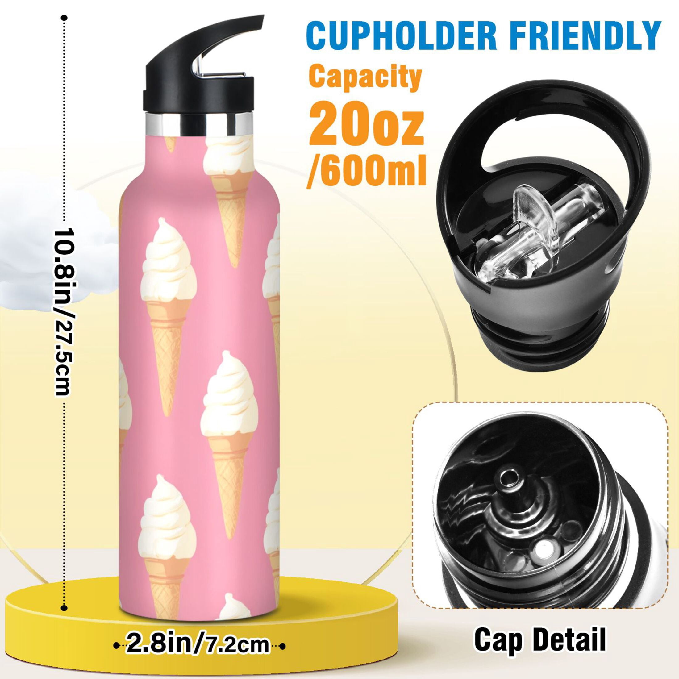 Kids Insulated Stainless Steel Sports Water Bottle 600ml Ice Cream Pattern