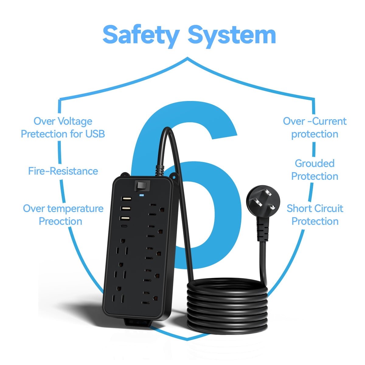 BEISHINK Extension Cord Power Board with Multiple Sockets, 4 - Foot Wire, Surge Protector, 4 USB Ports, Black