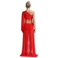 thumbnail image 2 of Lejafay Women Lyrical Dance Dress One Shoulder Flared Sleeve Flowy Split Dress Red L, 2 of 7