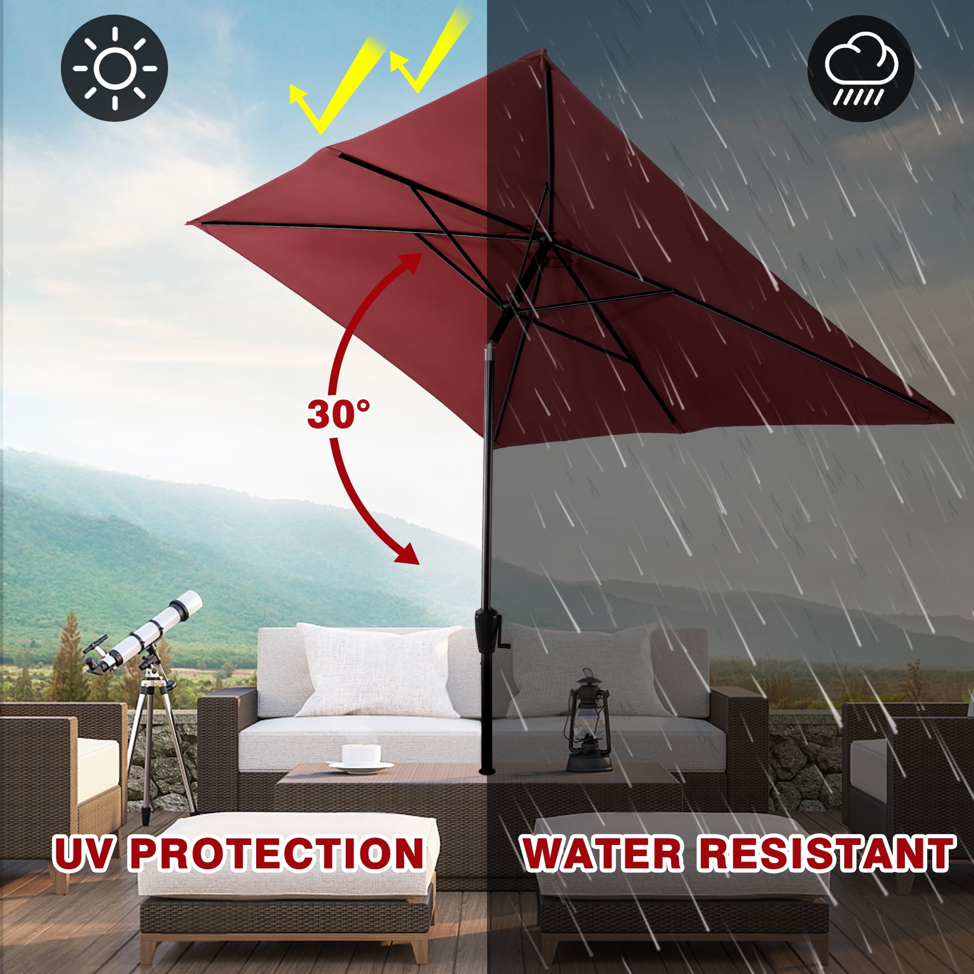 Sun-Ray 6.6x10 FT Rectangular Patio Umbrella with Push-Button Tilt and Hand Crank Canopy Lift, Table Umbrella with Solution Dyed Navy Fabric for Porch, Deck, Garden, and Swimming Pool, Burgandy