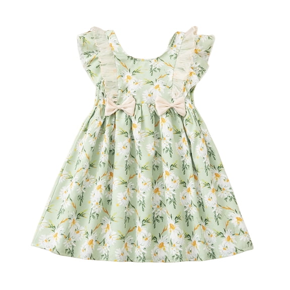 Girls Summer Dress Light And Thin With Floral Patterns A Waist And Lace With Bow Decorations