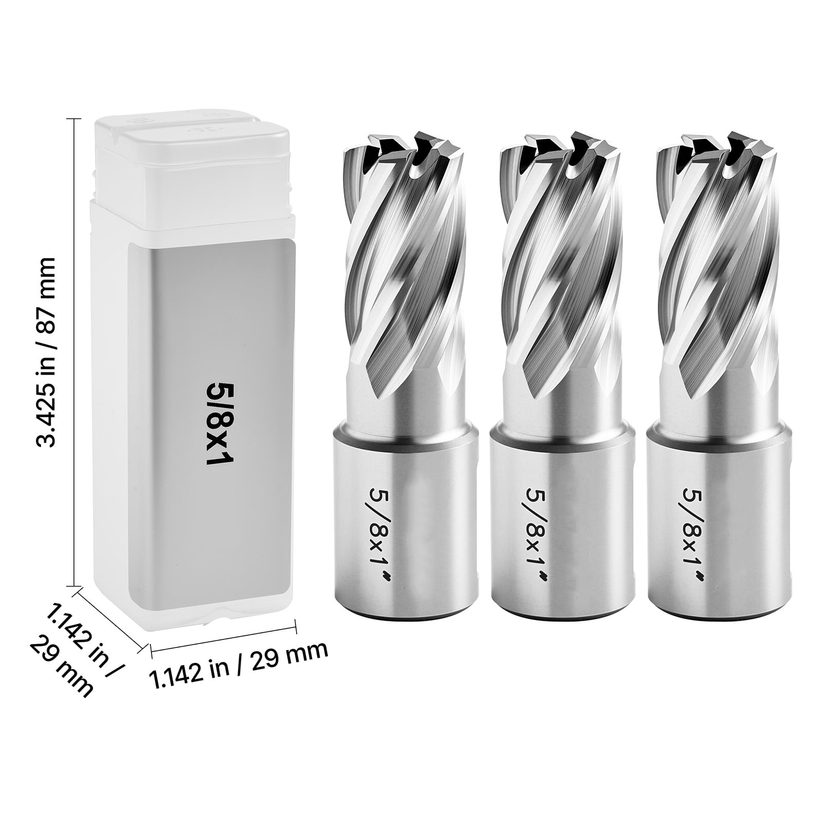 KFFKFF Annular Cutter Set, 5-Piece Weldon Shank Drill Bit Kit, 1-Inch Cutting Depth, 5/8-Inch Diameter, HSS Material, Includes 3 Drill Bits, 2 Pilot Pins, and 3 Storage Cases