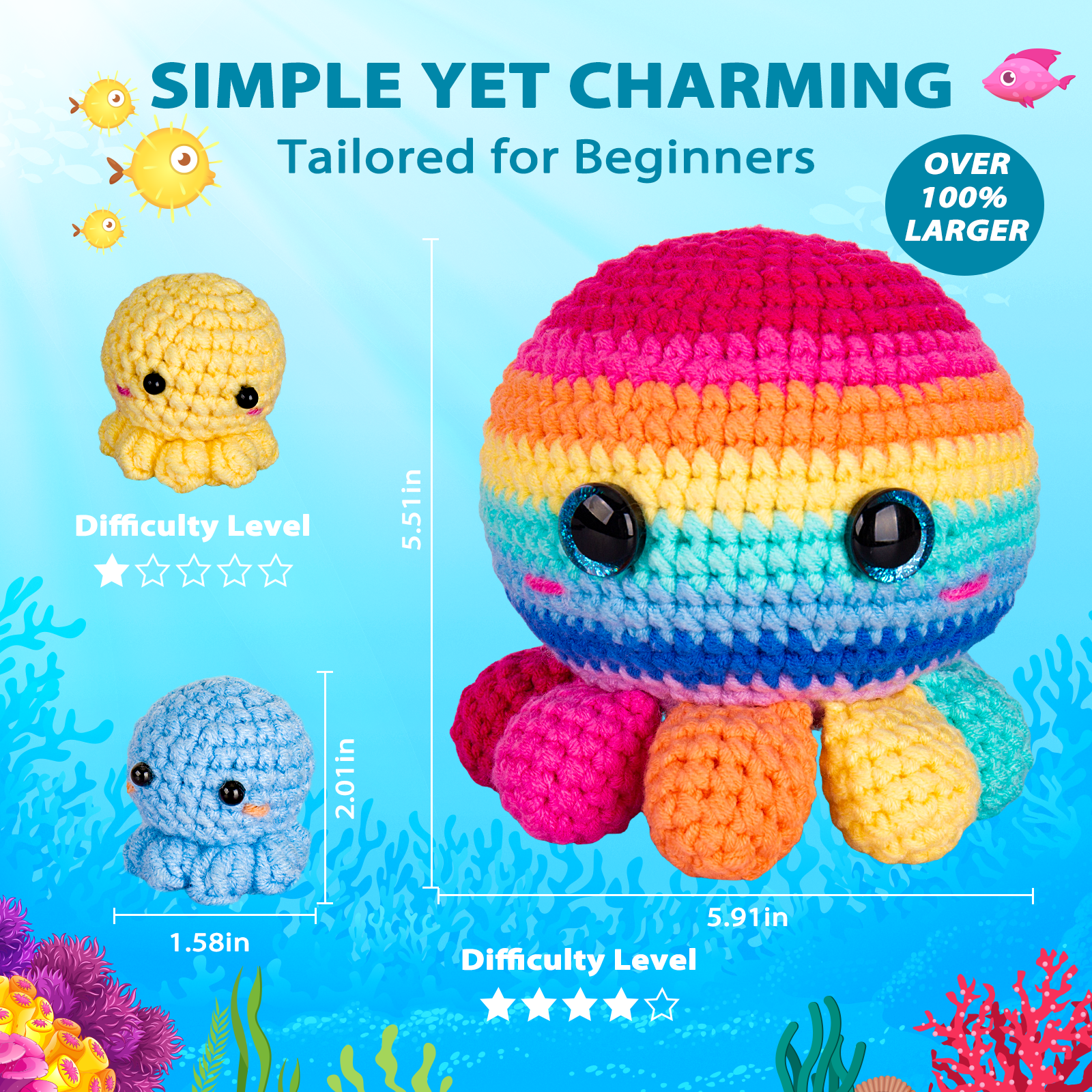 Crochetta Crochet Kit for Beginners, Crochet Kit Step-by-Step Video Tutorials, Crochet Starter Kit Learn to Crochet Kits for Adults Kids Beginners, Jumbo 3 Colorful Octopus Familly (40%+ Yarn Content)