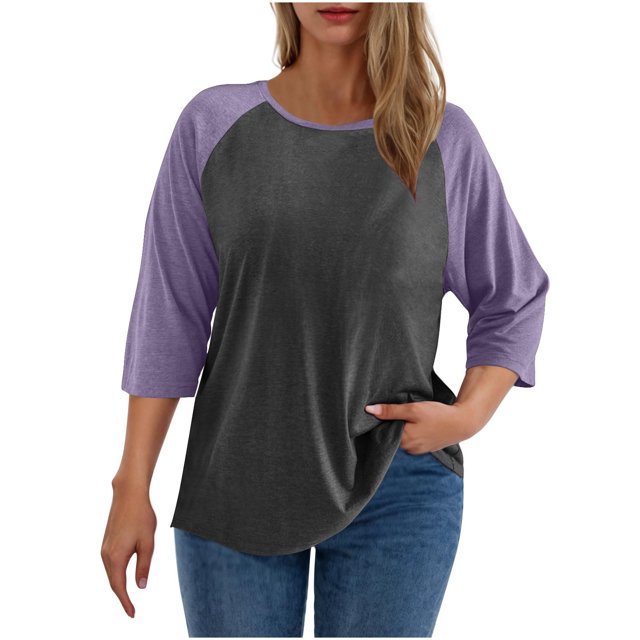 SwiftWear Femmes Col Rond Manches 3/4 Grande Taille Tops à Blocs de Couleur T-Shirts Décontractés Basiques Amples Style Long Mode Extérieure Blouse Imitation Coton 2025